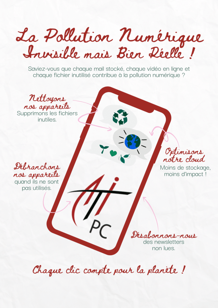 Illustration sur la pollution numérique montrant un smartphone avec des symboles écologiques et des conseils pour réduire l’impact environnemental du numérique.